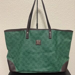MCM Large Green Canvas Logo Tote with Brown Leather Trim